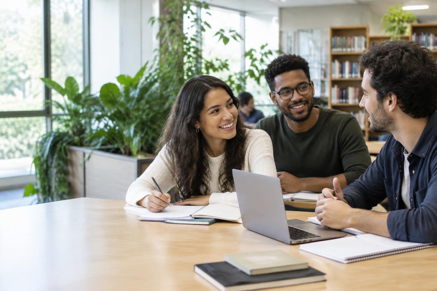 Estudantes compartilhando conhecimentos na biblioteca